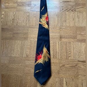 Yves Saint Laurent Navy Tie with Gold and Red Poppy Design